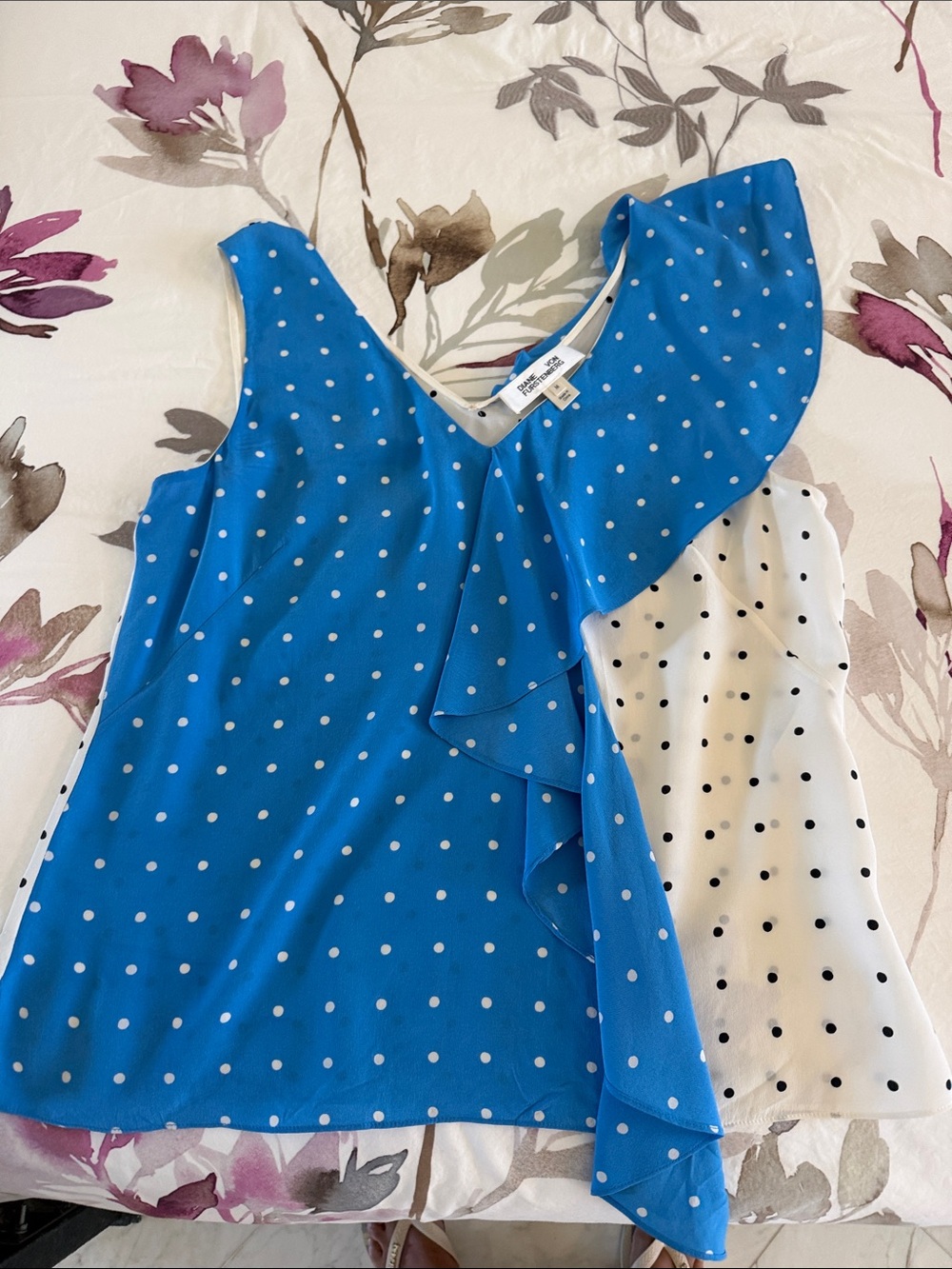 Diane Von Furstenberg Blue and White Polka Dot One-Shoulder Ruffle Camisole